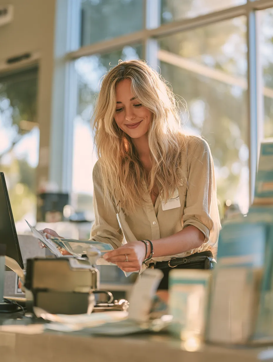 Applicant picking up pamphlets at a bright clinic desk, the kind of errand that follows a funded Allstar Lending loan