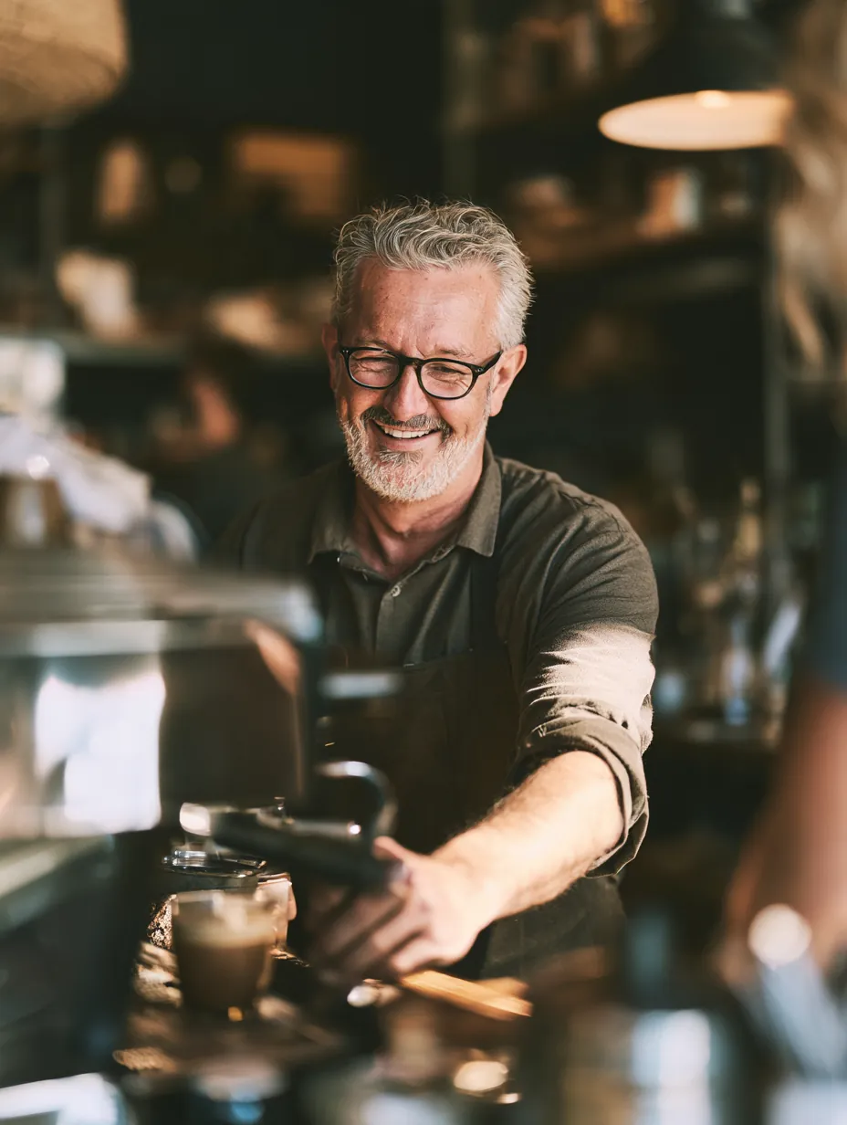 Man serving coffee across the counter of a bright cafe, his small debts consolidated through Allstar Lending