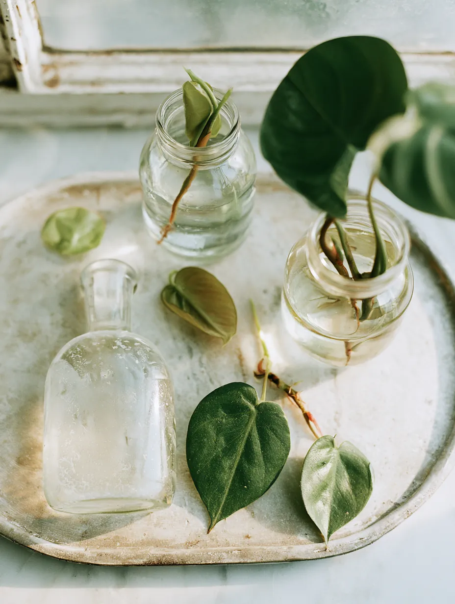 Houseplant cuttings rooting in glass jars on a windowsill tray, a visual for the Allstar Lending glossary