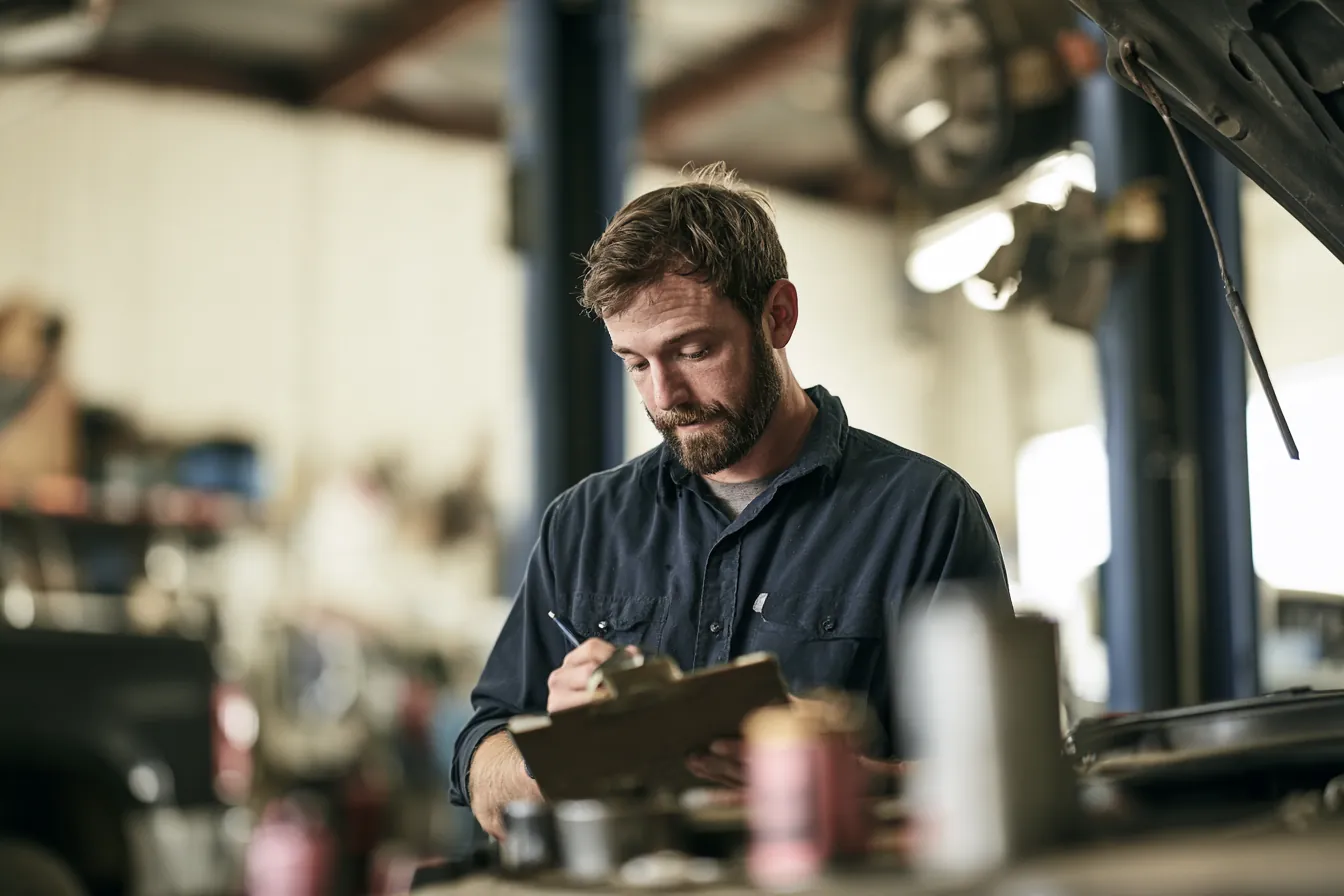 Mechanic reviewing a repair checklist on a clipboard beside a car — the classic $1,000 loan moment