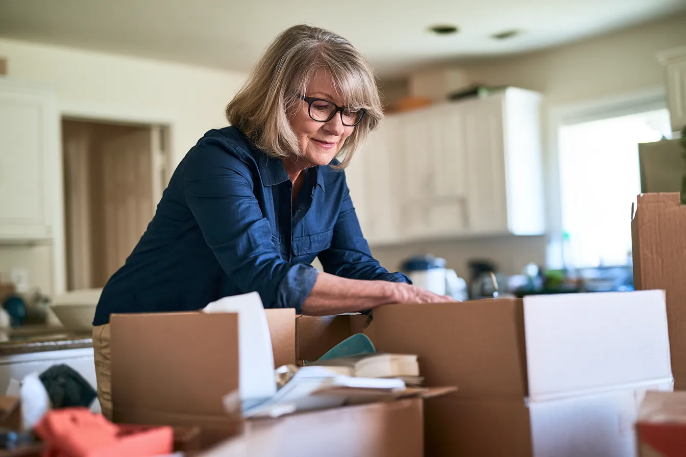 Renter unpacking dishes from moving boxes in a sunlit new apartment funded by a $1,500 loan