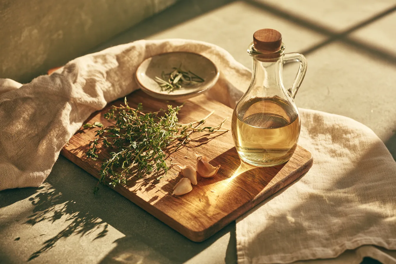 Flat lay of fresh herbs, a cutting board, and olive oil — simple ingredients, like the parts of an APR
